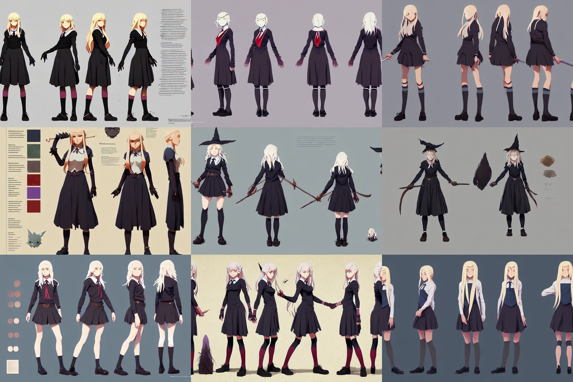 Image similar to character sheet of attractive female student witch, magic school uniform, blonde hair, by greg rutkowski and studio ghibli, digital art, trending on artstation, highly detailed, concept art, beautiful, masterpiece