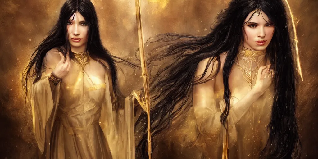 Prompt: a young priestess with long black hair weavering golden string of magic, barroque painting, ultra realistic. cinematic, dynamic. magic the gathering style. epic fantasy