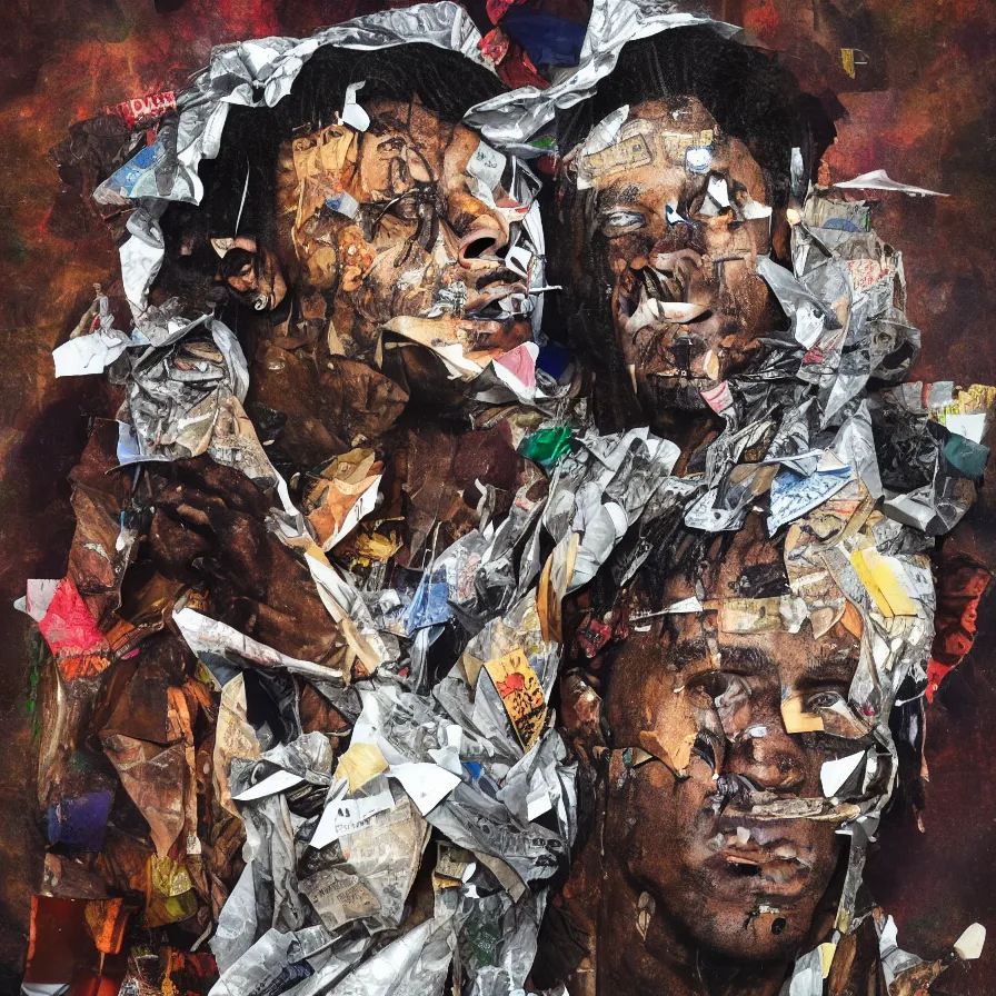 Image similar to rendered in blender travis scott with a trash bag on his head, collage paper and tape, acrylic on canvas, hyperrealism mixed with expressionism, high resolution, cinematic, unreal 6, breathtaking detailed, by blake neubert