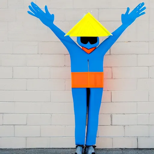 Image similar to a skeleton wearing a blue spendex suit with traffic - cones for hands