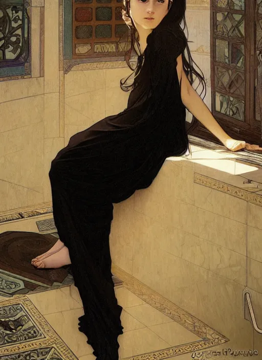 Prompt: a lonely young girl with straight long black hair wearing black dress that sitting on bathroom floor, art by artgem, greg rutkowski and alphonse mucha