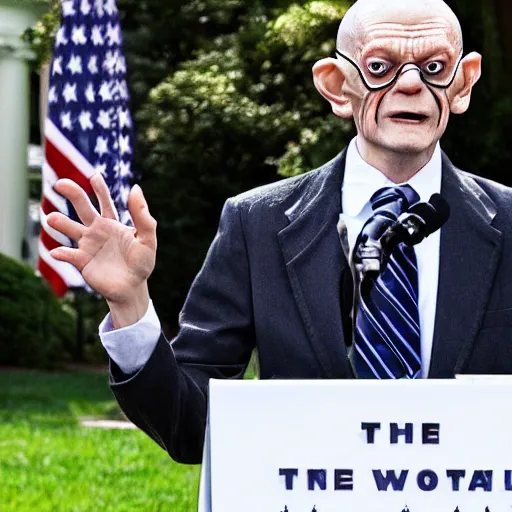 Image similar to president gollum giving a speech in front of the white house