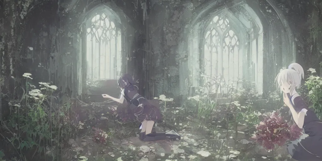 Prompt: anime kyoto animation key by greg rutkowski night, single white hair girl in abandoned chapel with overgrown flowers and plants