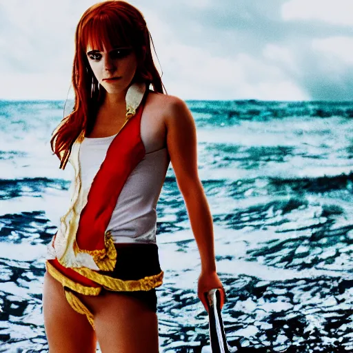 Image similar to emma watson as nami from one piece, award winning photography, cinematic, 50 mm, trending on Twitter