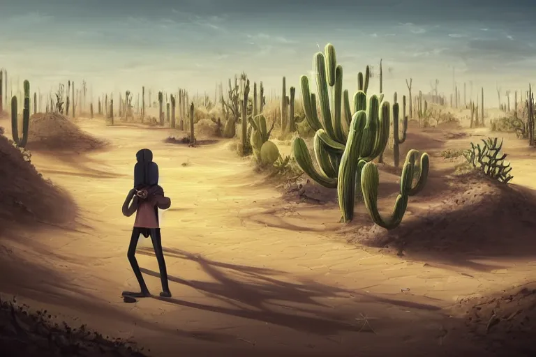 Prompt: a photo of a dystopian desert with loots of Cacti, sandy colours, sandy green, sandy, sandy beige, sobbing sad black silhouette of a person!, cantered, by Cyril Rolando!!!!!!, trending on DeviantArt, desolated, dark, 8k resolution, rendered in Zbrush