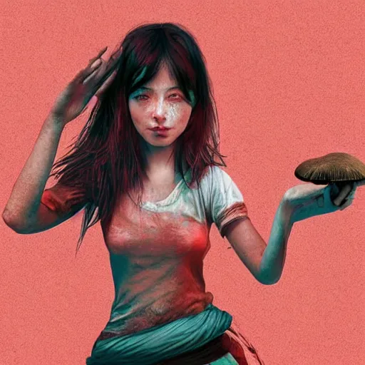 Image similar to detailed half body digital art for a game of a beautiful woman wearing ragged and ruined clothes merged with mushrooms. the background is pure red. dramatic camera angle