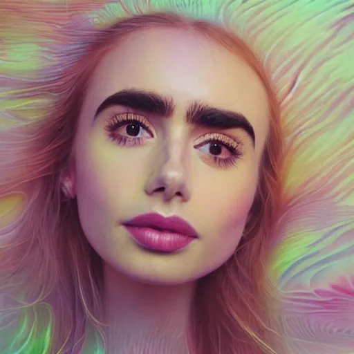 Prompt: portrait of a beautiful blonde queen girl lily collins, floating under the deep dream water, beautiful smooth soft light + white petal, oil paint, closeup, 4 k, highly detailed, instagram,