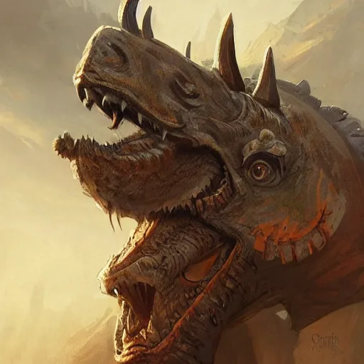 Image similar to triceratops with aztec headdress, greg rutkowski, digital illustration, concept art, dnd, face, fantasy, intricate, elegant, highly detailed, digital painting, artstation, full body, long shot, cinematic lighting