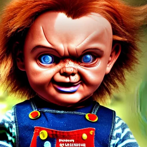 Prompt: childs play,chucky,dog, full body, wearing good guy overalls,horror, very realistic, realism, extra detail, 4k,background dark mysterious