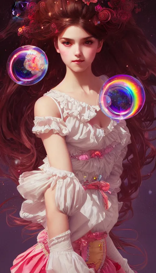 Image similar to portrait of magical lolita girl, dreamy and ethereal, RED eyes, peaceful expression, ornate frilly dress, fantasy, intricate, elegant, rainbow bubbles, highly detailed, digital painting, artstation, concept art, smooth, sharp focus, illustration, art by artgerm and greg rutkowski and alphonse mucha