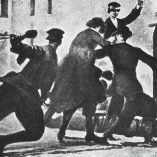 Image similar to a close - up old black and white photo, 1 9 1 3, depicting isaac newton fighting gottfried leibnitz in an ally of new york city, rule of thirds, historical record