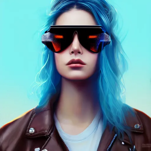 Image similar to closeup painting of a very beautiful young mexican cyberpunk woman, wearing light blue shutter shades and a dark brown leather jacket, one side haircut, long brown hair with light blue ends, portrait, hyperdetailed, artstation, cgsociety, 8 k, synthwave by tangerine dream