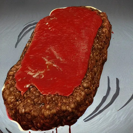 Image similar to horrific sentient meatloaf, hyper realistic, terrifying, disturbing, strange, bizarre, masterpiece, 4 k