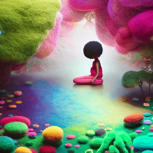 Image similar to a black girl with a colorful afro and big beautiful eyes meditating in an african zen garden with a waterfall!!, bokeh!, bright colors, synthwave, watercolor, volumetric wool felting, felt, macro photography, children illustration, by goro fujita