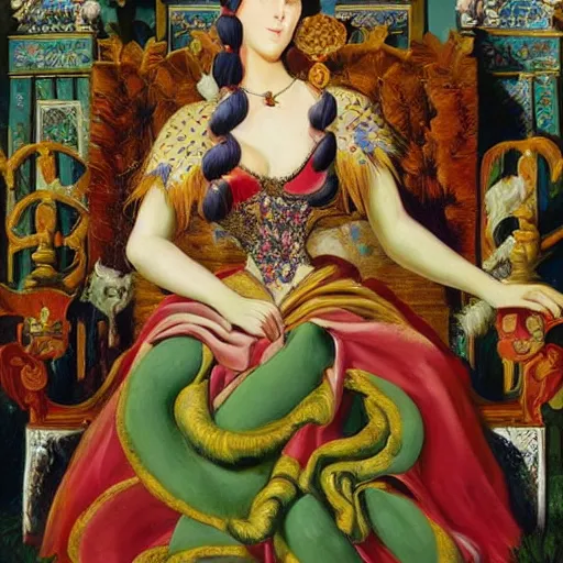 Prompt: Maximalist queen of a fictitious kingdom. Detailed painting.