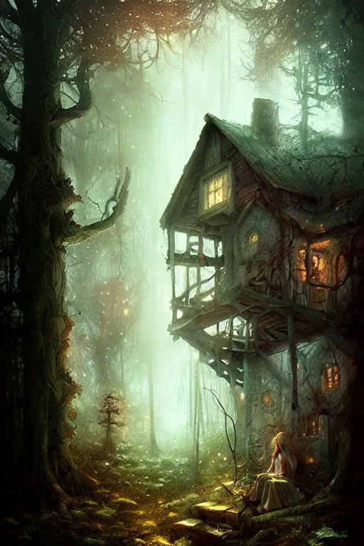 Image similar to a ramshackle cabin in the woods, magical forest, fairytale style, Fairycore, cottagecore, fantasy, by Bastien Lecouffe Deharme