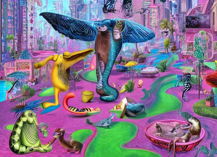 Prompt: 🦩🪐🐞👩🏻🦳, lowbrow, 8 k, matte painting, in the style of kenny scharf,