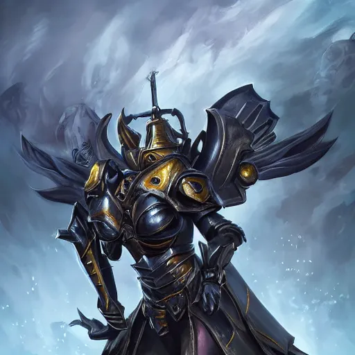 Image similar to portrait of wasp resembling a knight in black monstrous armor with dragonfly wings on its back, league of legends splash art, hearthstone splash art, full body shot, rule of thirds, ultrafine hyperrealistic detailed face, artgerm, greg rutkowski, trending on artstation, 8 k, intricately detailed, highly detailed