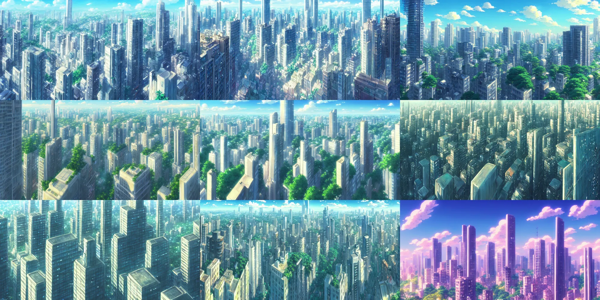 Prompt: a beautiful illustration of a city and highrise buildings, a detailed matte painting from the makoto shinkai anime film kimi no ka wa, official art, cinematic view, HD wallpaper, studio ghibli