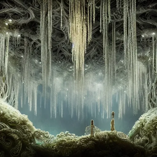 Image similar to under an white intricate like lace epic forest suspended in the air upside down, a white pool with intricate epic circles of water within floating female bio - robots, dressed in intricate veils and jewels, and an intricate mythological underwater city, epic environment, matte painting, diffused lighting, highly detailed, cinematic, epic atmosphere, digital art, trending on artstation, wide angle