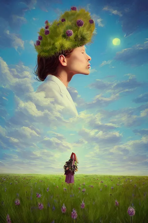 Prompt: portrait, enormous thistle flower under head, girl in a suit in field of flowers, surreal photography, sunrise, blue sky, dramatic light, impressionist painting, digital painting, artstation, simon stalenhag