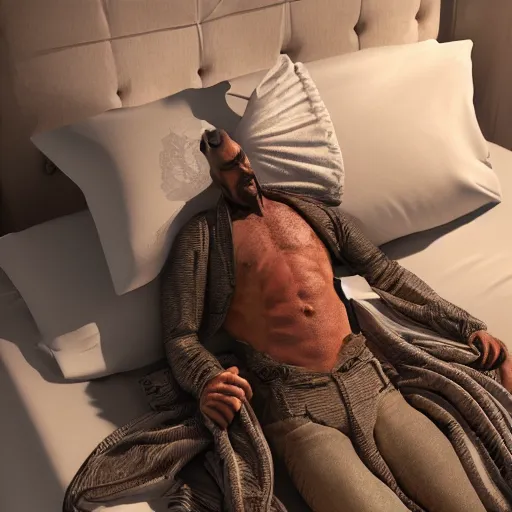 Image similar to chad alpha avocado man going to sleep in a comfy bed intricate detail, finely detailed, small details, extra detail, photorealistic, high resolution, vray, hdr, hyper detailed, insane details, intricate, elite, ornate, elegant, luxury, dramatic lighting, octane render, weta digital, micro details, 3 d sculpture