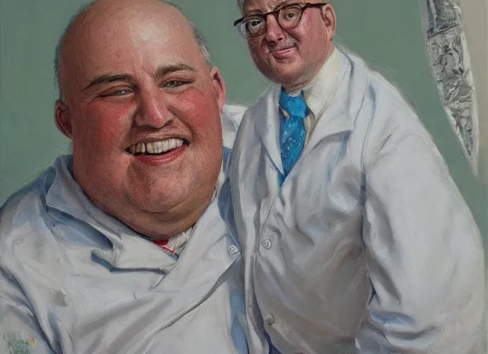 Prompt: a highly detailed obese portrait of a dentist, james gurney, james jean