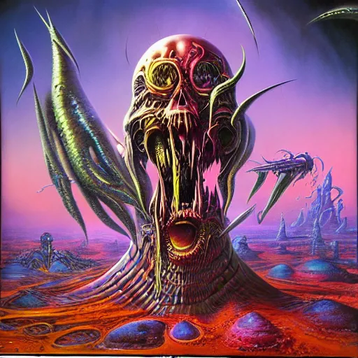 Image similar to NWOBHM metal album cover in the style of Bruce Pennington and kenny scharf and mark arian, realistic, insanely detailed, soft, smooth, airbrush, play-doh, wet, slimy