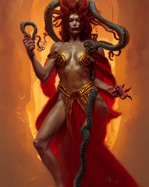 Prompt: fierce medusa in a red and golden robe, fantasy character portrait, ultra realistic, concept art, intricate details, highly detailed by greg rutkowski, gaston bussiere, craig mullins, simon bisley