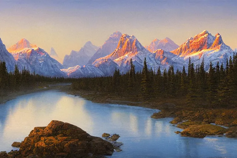 Image similar to an epic landscape painting of the three sisters mountains in canada, with snow on its peak, at sunrise in springtime, with the bow river in the foreground, painted by x, atmospheric, volumetric lighting, rolling fog, breathtaking, highly detailed, painted by ted nasmith