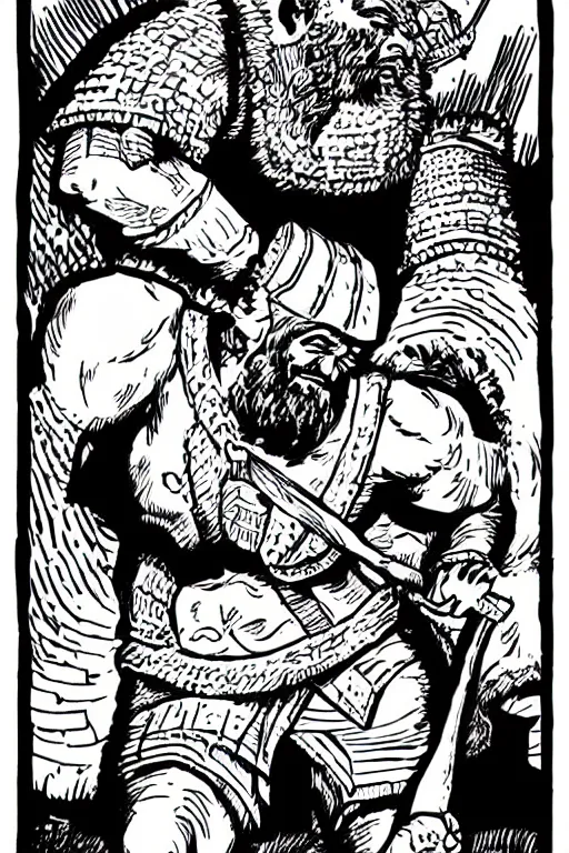 Image similar to ancient historically accurate depiction of the Bible Character Goliath of Gath, the Philistine warrior giant by mcbess