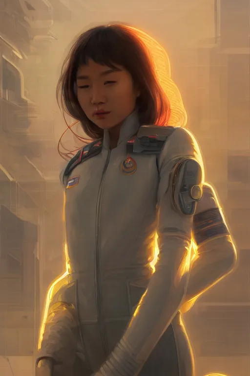 Image similar to portrait futuristic asian airforce girl, looking at the camera, in future airport rooftop , sci-fi, fantasy, intricate, very very beautiful, elegant, human anatomy, neon light, highly detailed, digital painting, artstation, concept art, smooth, sharp focus, illustration, art by tian zi and WLOP and alphonse mucha