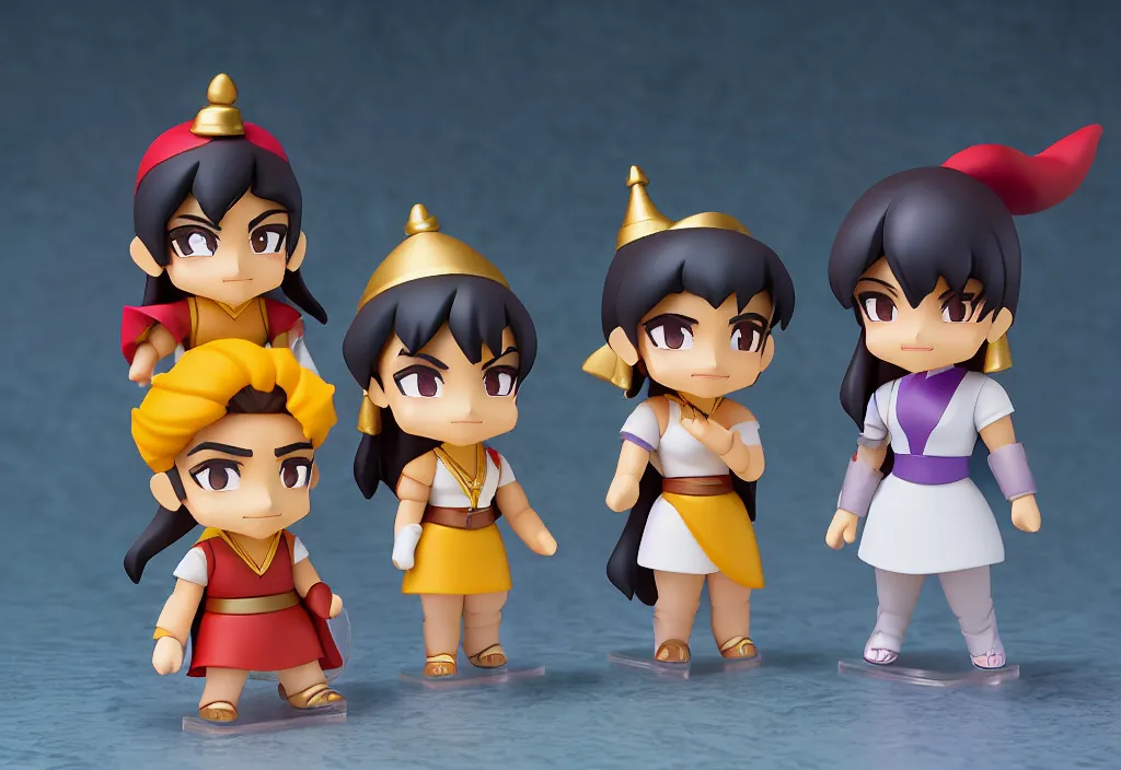 Image similar to side view of young aladdin, jaffar the sorcerer, jasmine the princess, and the genious of the lamp as nendoroid, 8 k hd dof, kodak film,