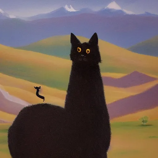 Prompt: two black cats riding on back of llama, andes, matte