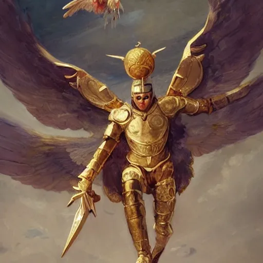 Image similar to a flying marble and gold head with wings attached to its temples and a sword protruding from where its neck would be, oil painting, by Fernanda Suarez and and Edgar Maxence and greg rutkowski