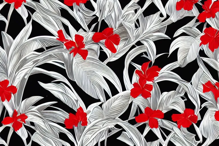 Prompt: photorealistic print of exotic, luxury, elegant tropical prints, isolated in a black background : : silver plants, golden flowers, red parrots, art nouveau, trending on creativemarket