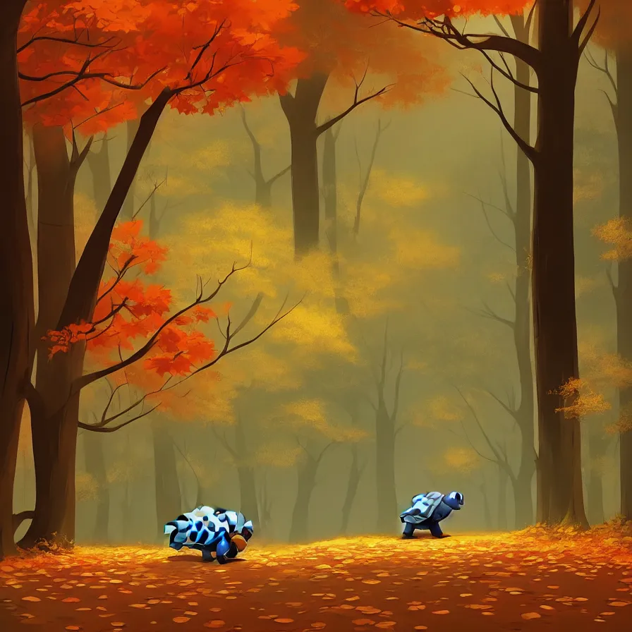 Image similar to Goro Fujita illustrating a tortoise walking through a beautiful autumn forest, art by Goro Fujita, sharp focus, highly detailed, ArtStation