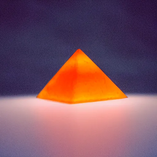 Prompt: a small glowing orange pyramid floating above an open palm, dark lighting