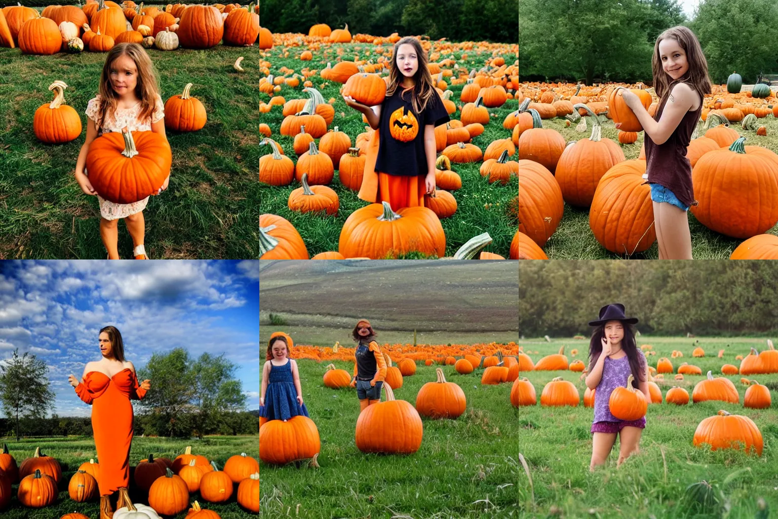 Prompt: half girl, half pumpkin human, in a field of oversized pumpkins.