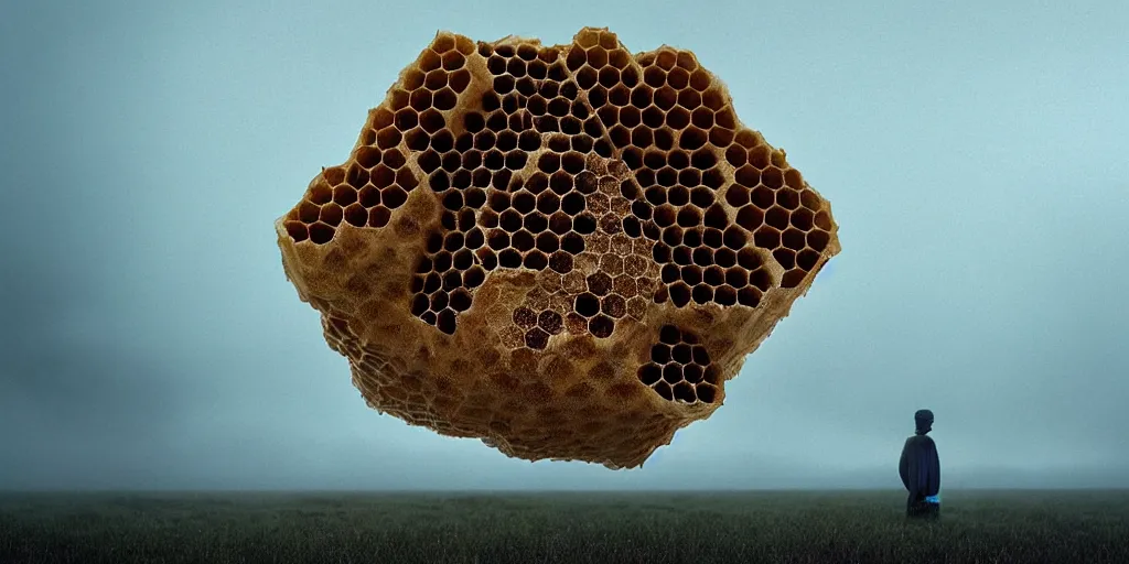 Image similar to real honeycomb organic building with dripping honey by tomas gabzdil libertiny sitting on the field, film still from the movie directed by denis villeneuve arrival movie aesthetic with art direction by zdzisław beksinski, telephoto lens, shallow depth of field