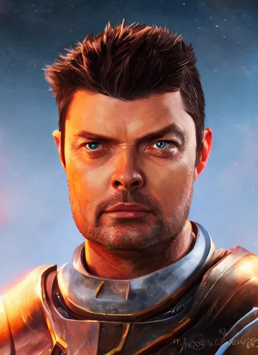 Prompt: A fantasy comic book style portrait painting of Karl Urban as a Paladin, unreal 5, DAZ, hyperrealistic, octane render, RPG portrait, dynamic lighting