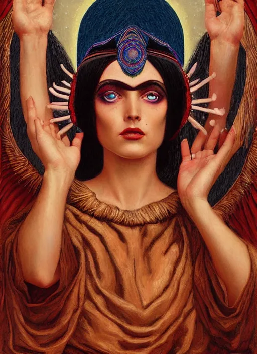 Image similar to acid tripping cult magic psychic woman, third eye, occult ritual, dark witch headdress, oil painting, robe, symmetrical face, greek dark myth, by John William Godward and Anna Dittman, masterpiece