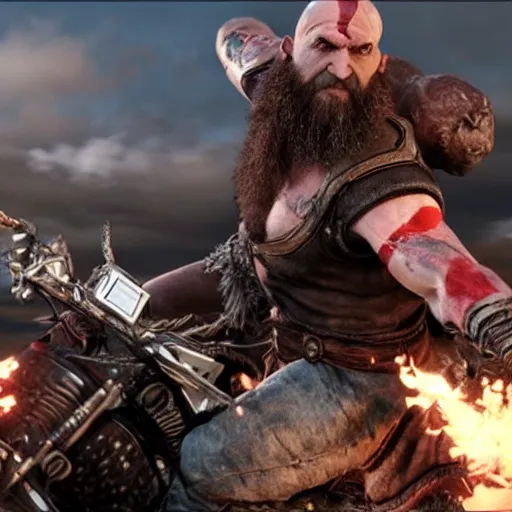 Image similar to kratos, with leviathan axe, jumping a black harley - davidson motorcycle off a cliff, cinematic render, playstation studios official media, god of war 2 0 1 8