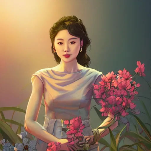 Prompt: portrait of hong jin - young, smiling with flowers in hands. sharp focus, cinematic pose, cinematic lighting, unreal engine render. art by josan gonzales and moebius and deathburger.