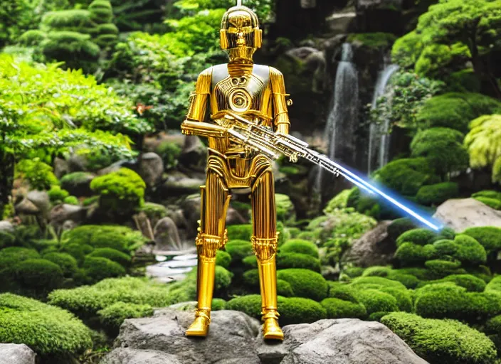 Prompt: C-3PO sitting in a lush japanese garden, C-3PO is holding an ar-15, waterfall, bright sun, still from star wars, shot on film, depth of field, nature show, incredible detail, dramatic lighting