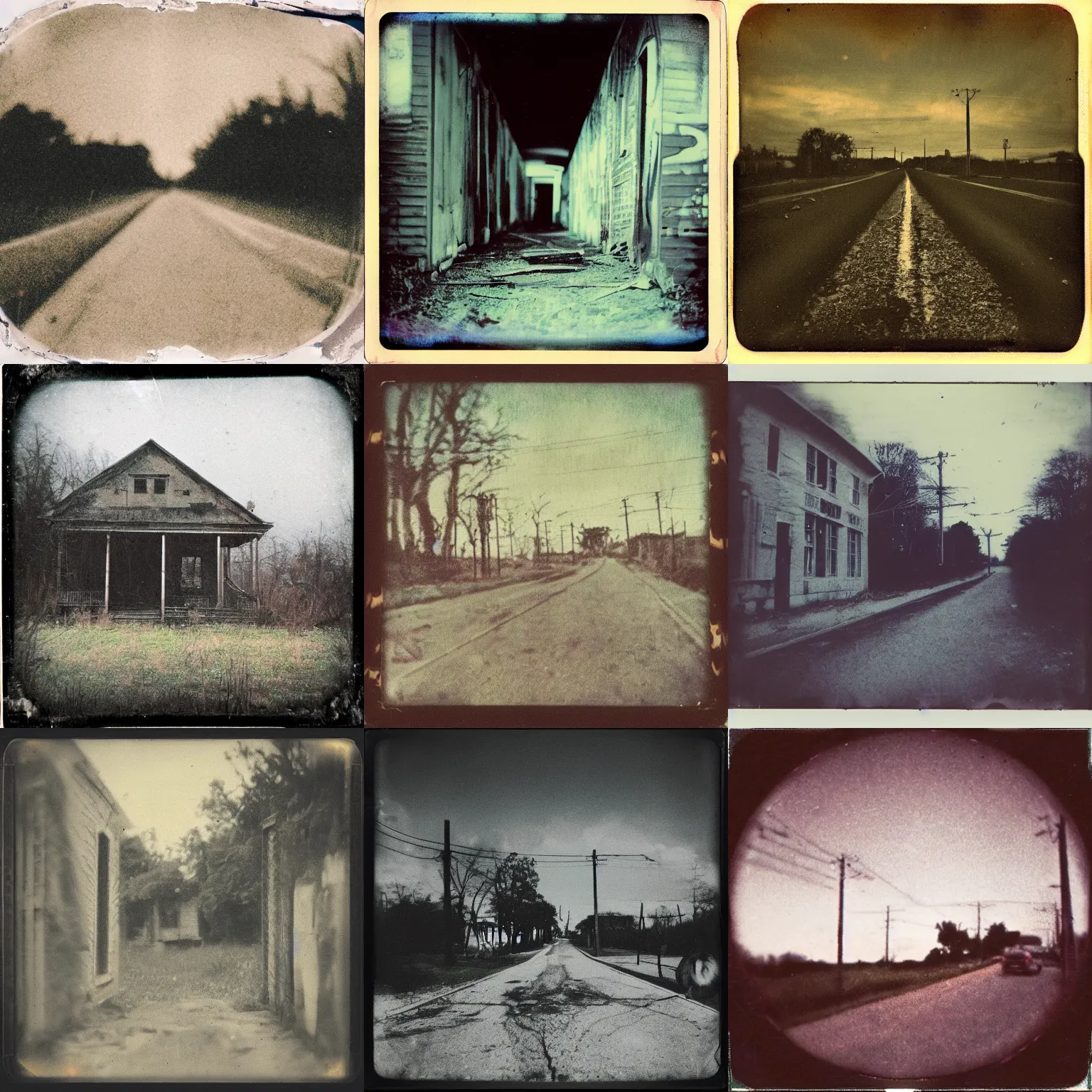 Prompt: liminal dreamcore vintage photo of an abandoned rural city, grainy polaroid, indie rock lo - fi album cover