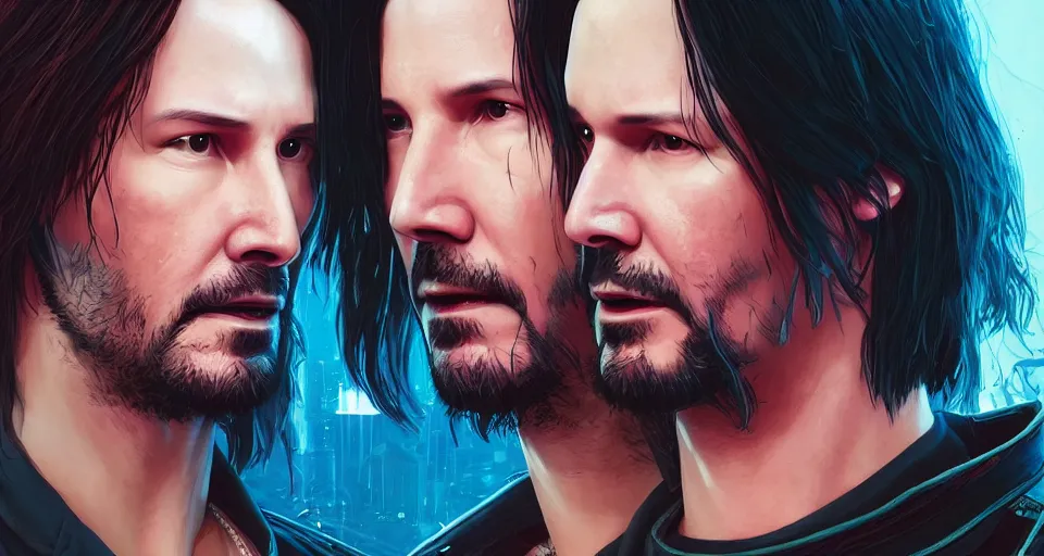 Image similar to a cyberpunk 2077 srcreenshot couple portrait of a Keanu Reeves and a female android in final kiss,love,film lighting,by Laurie Greasley,Lawrence Alma-Tadema,Dan Mumford,John Wick,Speed,Replicas,artstation,deviantart,FAN ART,full of color,Digital painting,face enhance,highly detailed,8K,octane,golden ratio,cinematic lighting