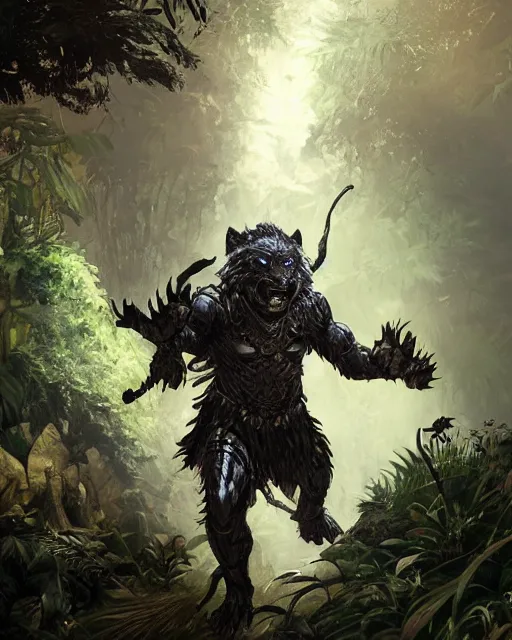 Image similar to Panther warrior in armor sneaking in jungle, portrait, dark fur, glowing eyes, magic the gathering artwork, D&D, fantasy, cinematic lighting, centered, symmetrical, highly detailed, digital painting, artstation, concept art, smooth, sharp focus, illustration, volumetric lighting, epic Composition, 8k, art by Akihiko Yoshida and Greg Rutkowski and Craig Mullins, oil painting, cgsociety