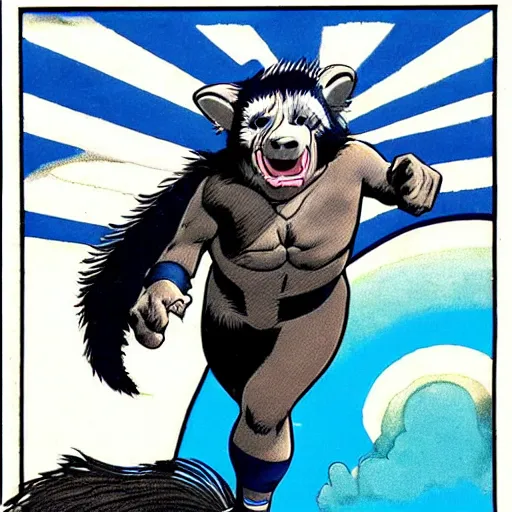 Image similar to a skunk that is blue and is also giant and a super hero by richard corben style