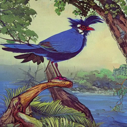 Image similar to A beautiful experimental art of a bird in its natural habitat. The bird is shown in great detail, with its colorful plumage and intricate patterns. The background is a simple but detailed landscape, with trees, bushes, and a river. graffiti by Akihiko Yoshida, by Zinaida Serebriakova dull, aesthetic